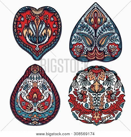 Floral Leaf Mandala Eastern European Style. Hand Drawn Lino Cut Block Print. Ornate Arabesque Flower