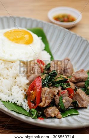 Closeup Beef Kaprow Rice With Fried Egg