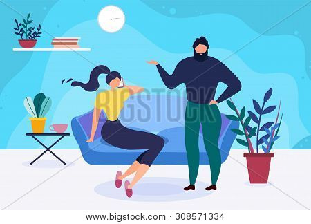 Married Couple Spending Time At Home Illustration. Woman Talking Phone On Couch In Living Room, Outr