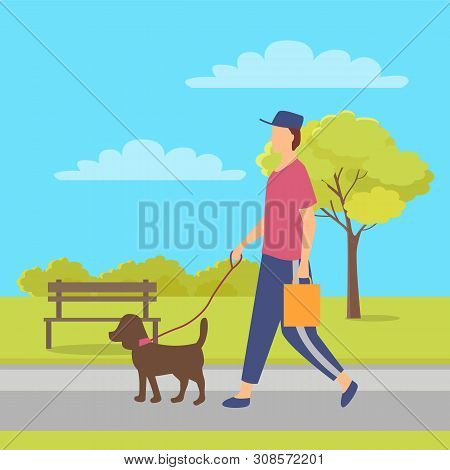 Person Wearing Casual Clothes And Cap, Dog Domestic Animal With Lead, Human Holding Package. Vector 