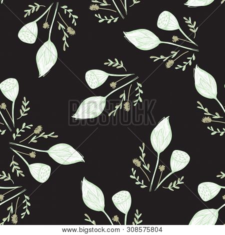 Color Lotus Flower Hand Drawn, Floral Seamless Pattern, Simple Vector Illustration