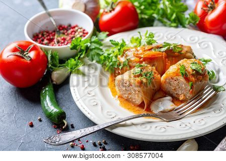 Cabbage Rolls With Minced Meat And Sour Cream.