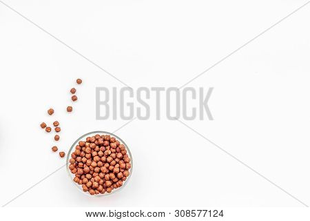 Cereals, Oatflakes And Cornflakes For Healthy Breakfast On White Background Top View Mock Up