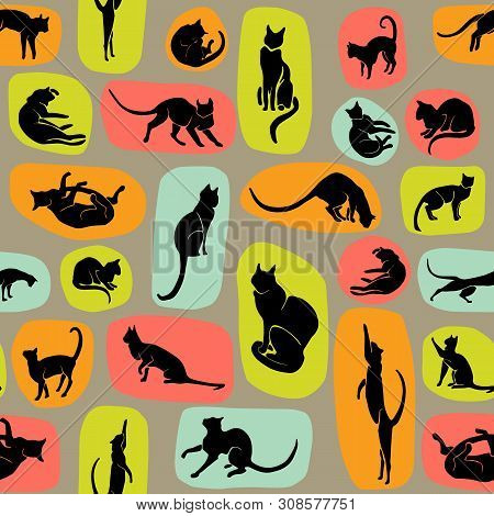 Hand Drawn Vector Cat Silhouette Pattern In Trndy Colors.