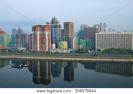 Pyongyang, North Korea - April 30, 2019: Skyline And Taedong River In The Morning Fog. View On Moder