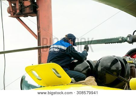 Tyumen, Russia - June 19, 2019: Aircraft Repair Helicopter Utair Engineering Plant. Male Mechanic In