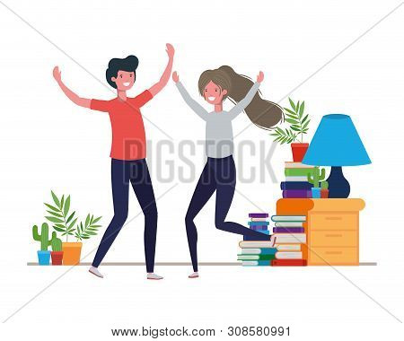 Young Couple Dancing In Living Room Character Vector Illustration Design