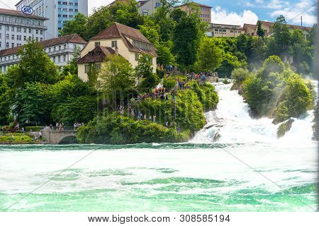 Neuhausen Am Rheinfall, Switzerland - 23 July 2019. Waterfall On The River Rhine In The City Neuhaus