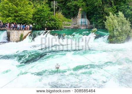 Neuhausen Am Rheinfall, Switzerland - 23 July 2019. Waterfall On The River Rhine In The City Neuhaus