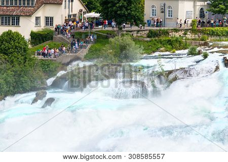Neuhausen Am Rheinfall, Switzerland - 23 July 2019. Waterfall On The River Rhine In The City Neuhaus