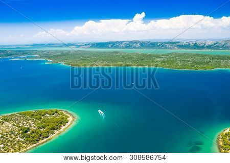 Beautiful Blue Sea On Croatian Adriatic, Murter Archipelago, Yachting Paradise, Vransko Lake In Back