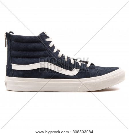Vienna, Austria - August 25, 2017: Vans Sk8 High Slim Zip Blue Sneaker On White Background.