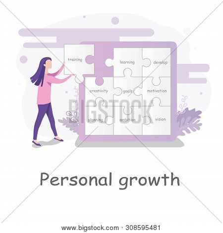 Young Woman Selecting Puzzle Pieces With Text To Fit Onto The Wall In A Personal Growth Jigsaw Puzzl