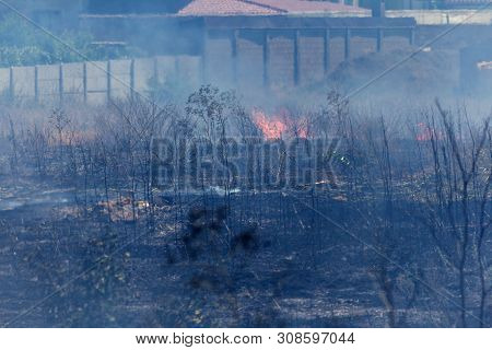 Strong Smoke In Steppe. Forest And Steppe Fires Destroy Fields And Steppes During Severe Droughts. F