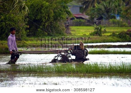 Kampot, Cambodia - July 21: Peasant Plow His Paddy Field On July 21, 2012 In Kampot, Cambodia. Cambo