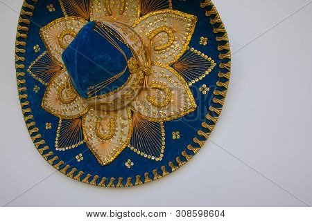 Blue Velvet Sombrero, Isolated On White. A Mexican Style Sombrero Hat