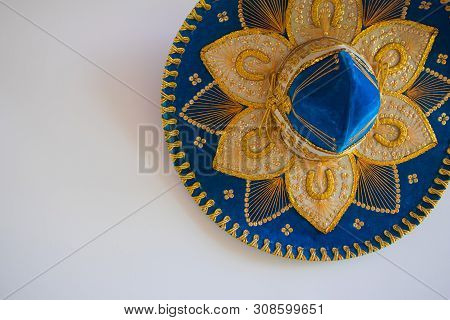 Blue Velvet Sombrero, Isolated On White. A Mexican Style Sombrero Hat