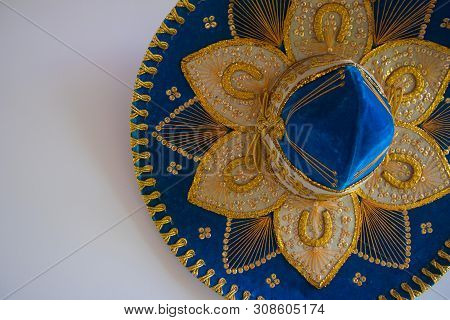 Blue Velvet Sombrero, Isolated On White. A Mexican Style Sombrero Hat