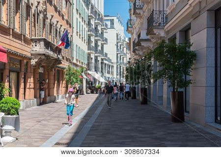 Lugano, Switzerland - June 1, 2019: Shopping Alley Via Nassa In Lugano.