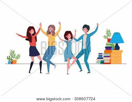 Group Of People Dancing In Living Room Vector Illustration Design