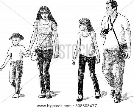 Sketch Of A Family Of Citizen Going On A Stroll