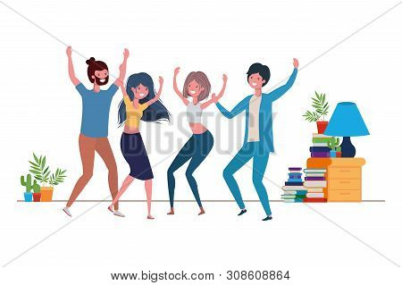 Group Of People Dancing In Living Room Vector Illustration Design