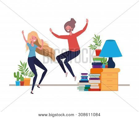 Young Couple Dancing In Living Room Character Vector Illustration Design