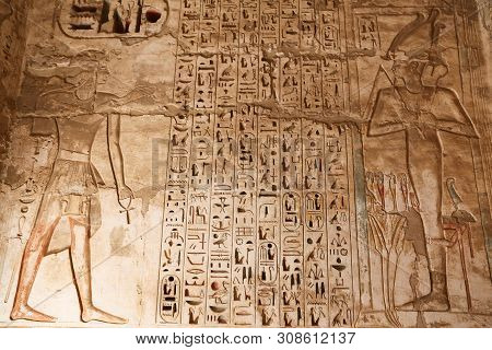 Egyptian Hieroglyphs In Medinet Habu Temple, Luxor, Egypt