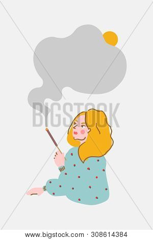 A Girl With An Incense Stick. Poster Or Card Design In Vector.