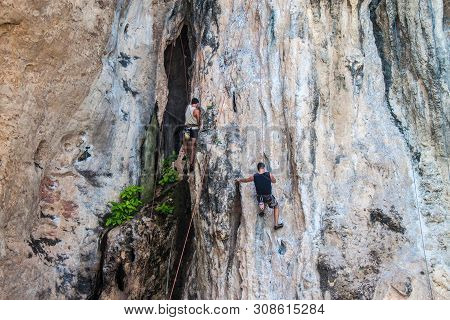 Railay. Thailand - September 4: Rock Climbing On Railay Beach On September 4, 2013 In Railay, Thaila