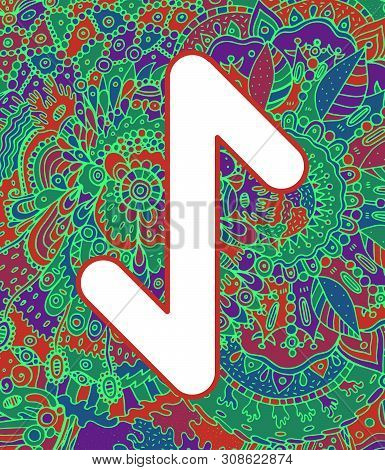 Ancient Scandinavic Rune Eiwas With Doodle Ornament Background. Colorful Psychedelic Fantastic Mysti