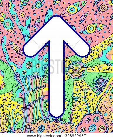 Ancient Scandinavic Rune Teiwaz With Doodle Ornament Background. Colorful Psychedelic Fantastic Myst