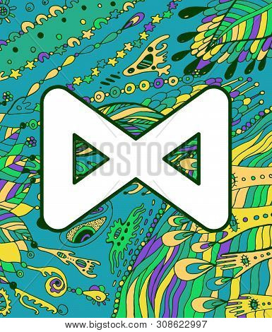 Ancient Scandinavic Rune Daegaz With Doodle Ornament Background. Colorful Psychedelic Fantastic Myst