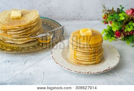 Moroccan Pancakes Baghrir Beghrir Or Crapes With 1000 Holes Served With Honey And Butter On Grey Bac