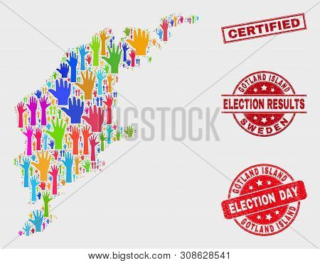 Election Gotland Island Map And Seal Stamps. Red Rectangular Certified Scratched Seal Stamp. Bright 