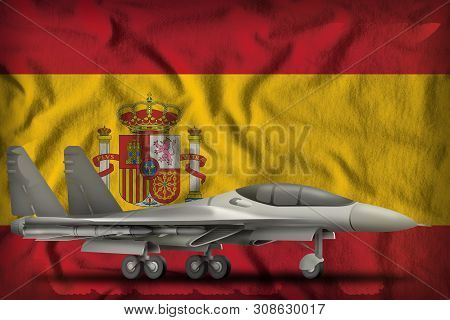 Fighter, Interceptor On The Spain Flag Background. 3d Illustration