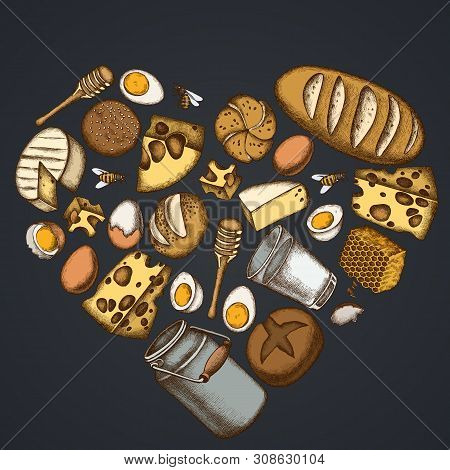 Heart Floral Design On Dark Background With Milk, Cheese, Chicken, Eggs, Buns And Bread, Honey Stock