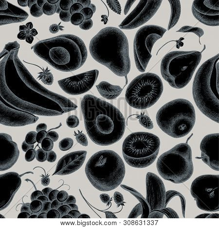 Seamless Pattern With Hand Drawn Stylized Apples, Pears, Avocado, Kiwi, Grapes, Bananas, Strawberry 