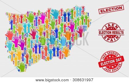 Election Jaen Spanish Province Map And Stamps. Red Rectangular Election Distress Stamp. Bright Jaen 