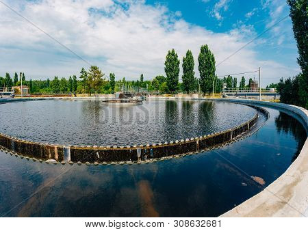 Modern Sewage Treatment Plant. Sedimentation Drainage Round Form.