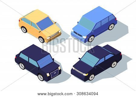 Isometric 3d Front View Blue And Yellow Classic Sedan Car. Concept Isolated Vehicle, Automobile, Mid