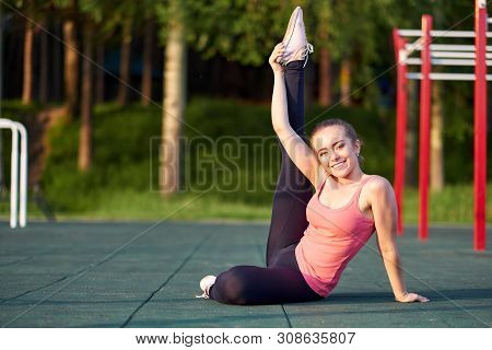 Stretching Danser Or Gymnast Woman Training In Workout Sports Ground