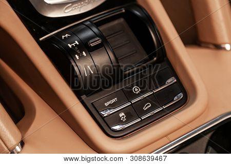 Novosibirsk, Russia - June 22, 2019:  Porsche Cayenne ,close Up 2wd, Auto, Lock, Sport  Button Switc