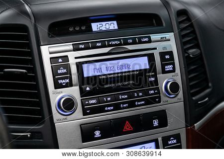 Novosibirsk, Russia - June 22, 2019:  Hyundai Santa Fe, Car Control Panel Of Audio Player And Other 