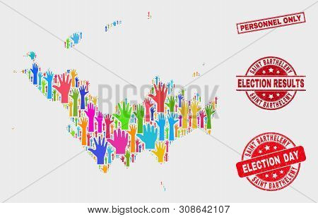 Democracy Saint Barthelemy Map And Seal Stamps. Red Rectangular Personnel Only Distress Seal. Colore