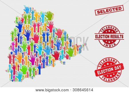 Poll Telangana State Map And Watermarks. Red Rectangular Selected Scratched Seal. Bright Telangana S