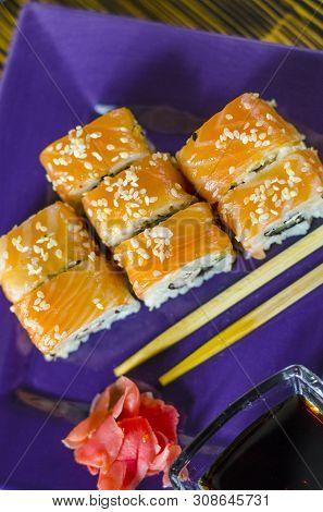 Ushi With Red Fish On A Purple Plate