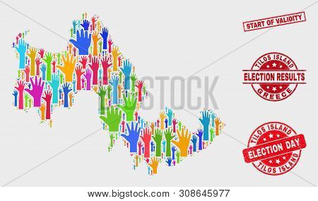 Election Tilos Island Map And Seal Stamps. Red Rectangle Start Of Validity Grunge Seal. Colorful Til