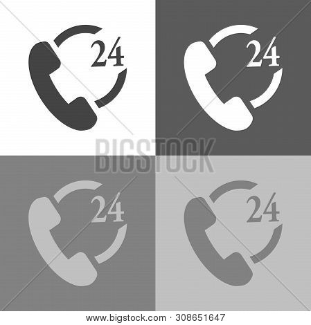 Phone Icon Set 24 Hours Support. Handset Vector Illustration Icon On White-grey-black Color.