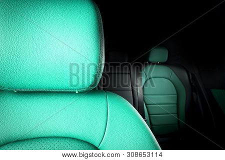 Modern Luxury Car Leather Interior. Part Of Leather Car Seat Details With Stitching. Interior Of Pre